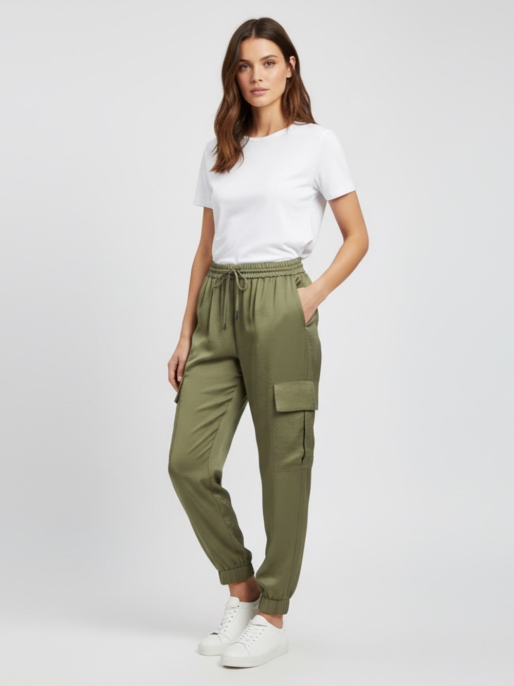 Zara Women's Elastic Waist Cargo Jogger Pants Army Green Size XS